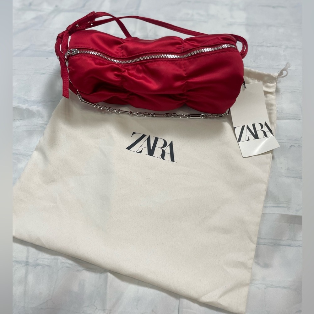 Zara Red Satin Shoulder Bag With Gathered Detail HandBag Brand New W Tags 6600